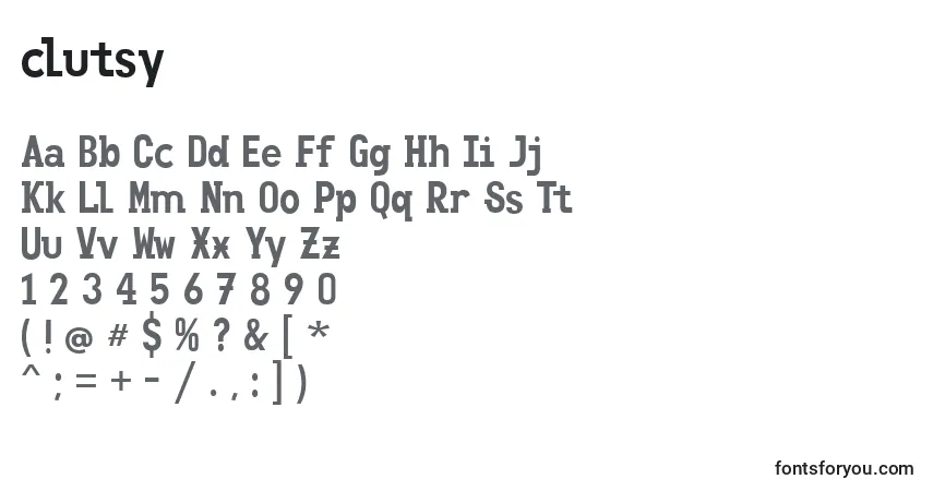Czcionka Clutsy – alfabet, cyfry, specjalne znaki