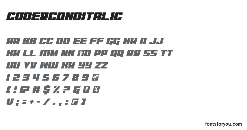 Czcionka Coderconditalic (123656) – alfabet, cyfry, specjalne znaki
