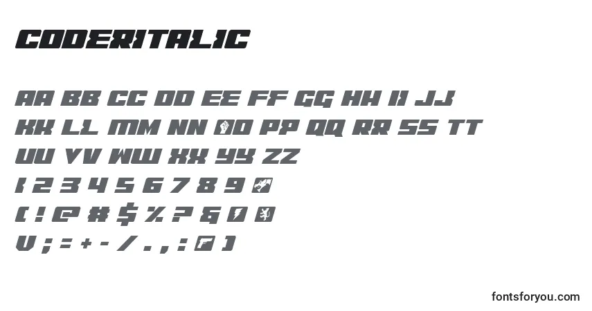 A fonte Coderitalic (123657) – alfabeto, números, caracteres especiais