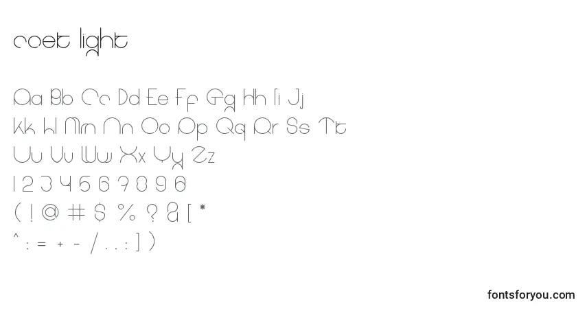 A fonte Coet light – alfabeto, números, caracteres especiais