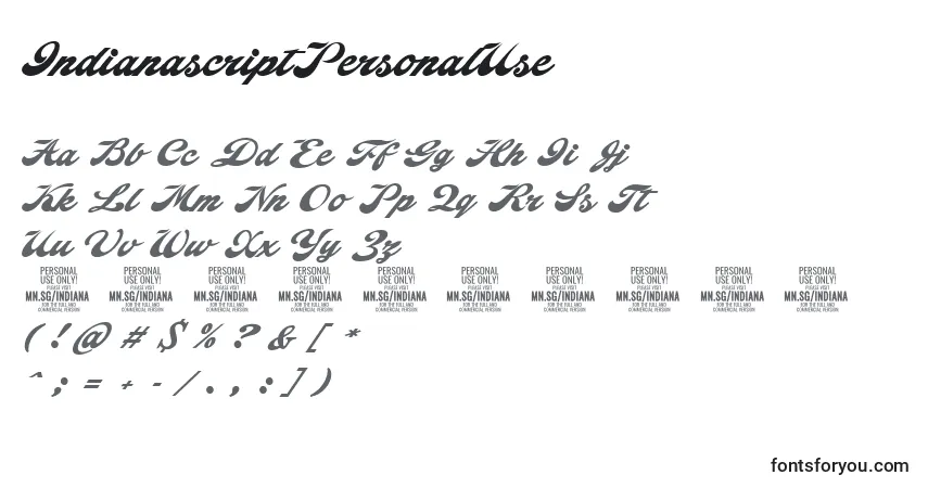 Schriftart IndianascriptPersonalUse – Alphabet, Zahlen, spezielle Symbole
