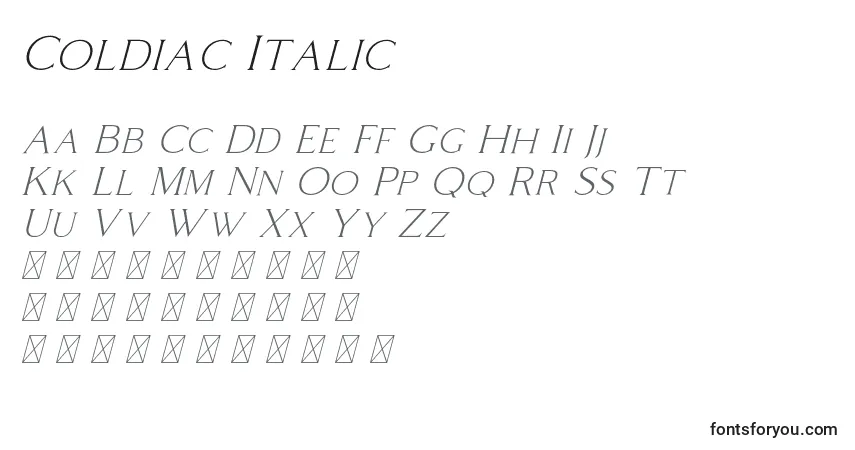 Czcionka Coldiac Italic – alfabet, cyfry, specjalne znaki