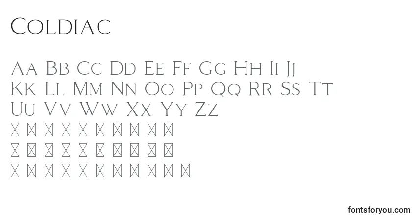 Schriftart Coldiac – Alphabet, Zahlen, spezielle Symbole