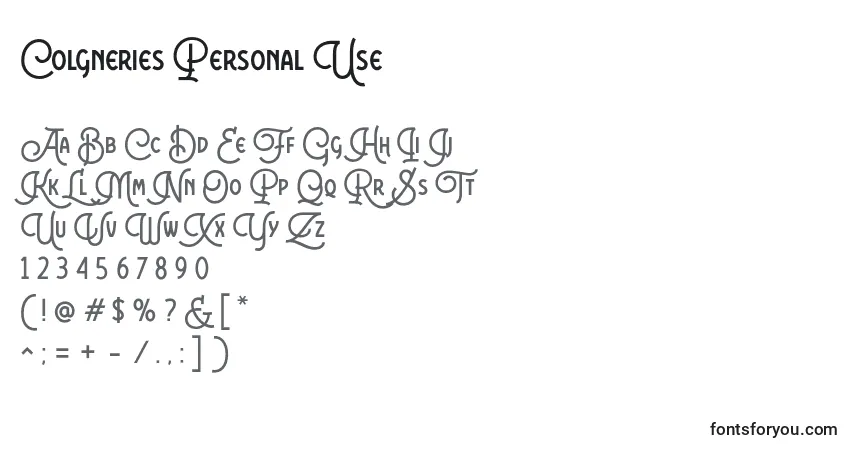 Schriftart Colgneries Personal Use – Alphabet, Zahlen, spezielle Symbole
