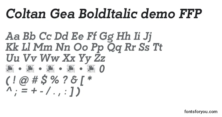 A fonte Coltan Gea BoldItalic demo FFP – alfabeto, números, caracteres especiais