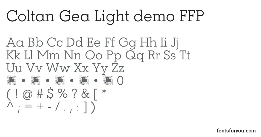 A fonte Coltan Gea Light demo FFP – alfabeto, números, caracteres especiais