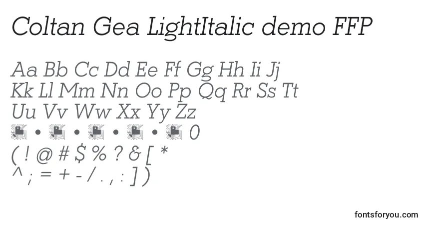 Czcionka Coltan Gea LightItalic demo FFP – alfabet, cyfry, specjalne znaki