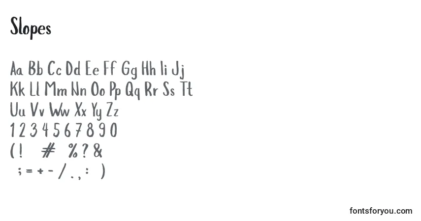 Schriftart Slopes – Alphabet, Zahlen, spezielle Symbole