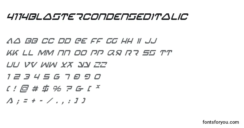 Шрифт 4114BlasterCondensedItalic – алфавит, цифры, специальные символы