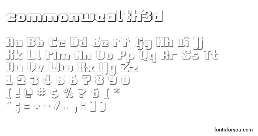 Schriftart Commonwealth3d (123857) – Alphabet, Zahlen, spezielle Symbole