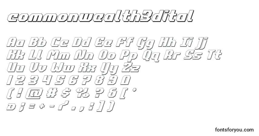 Czcionka Commonwealth3dital – alfabet, cyfry, specjalne znaki