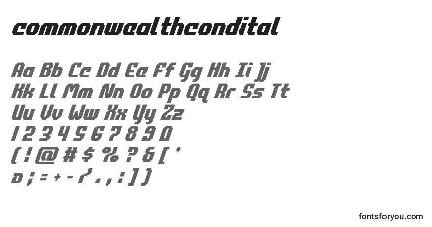 Schriftart Commonwealthcondital – Alphabet, Zahlen, spezielle Symbole