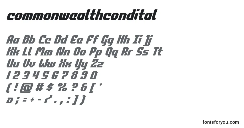 Шрифт Commonwealthcondital (123867) – алфавит, цифры, специальные символы