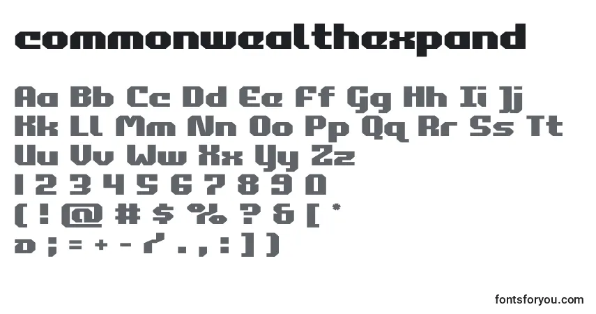 Czcionka Commonwealthexpand – alfabet, cyfry, specjalne znaki