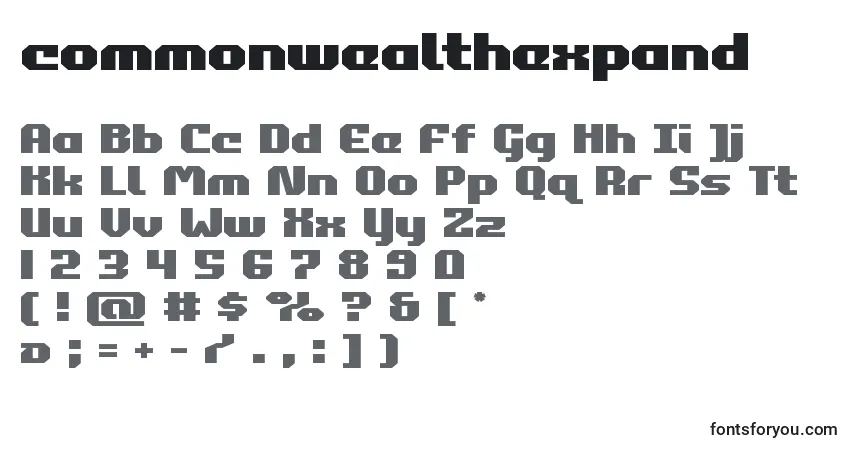 Schriftart Commonwealthexpand (123869) – Alphabet, Zahlen, spezielle Symbole