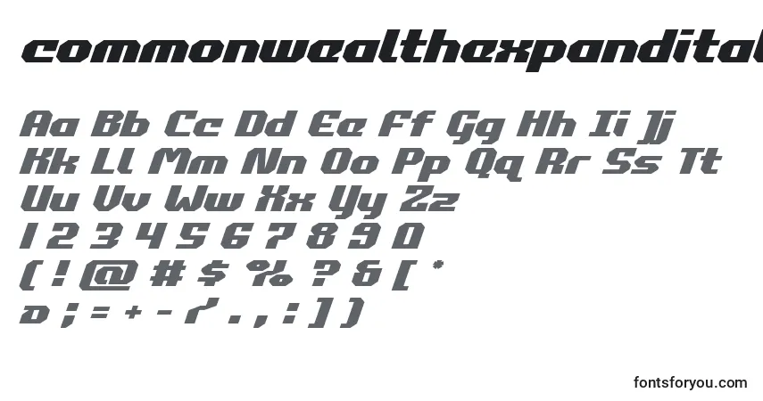 Schriftart Commonwealthexpandital (123871) – Alphabet, Zahlen, spezielle Symbole
