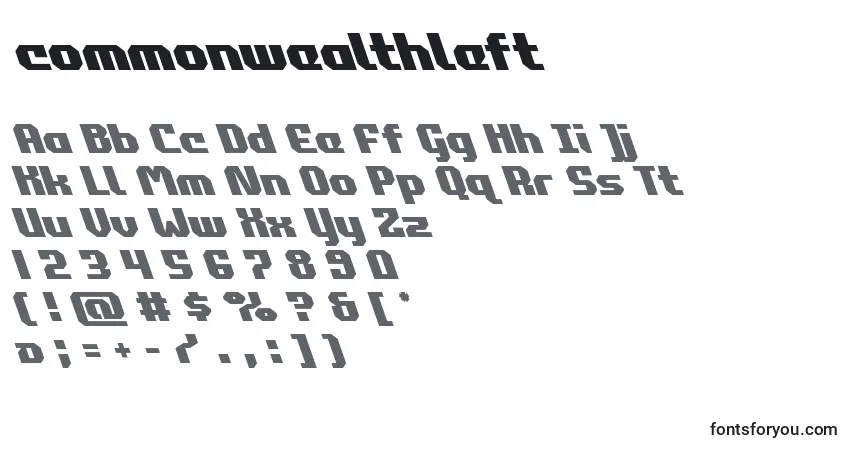 Schriftart Commonwealthleft (123879) – Alphabet, Zahlen, spezielle Symbole