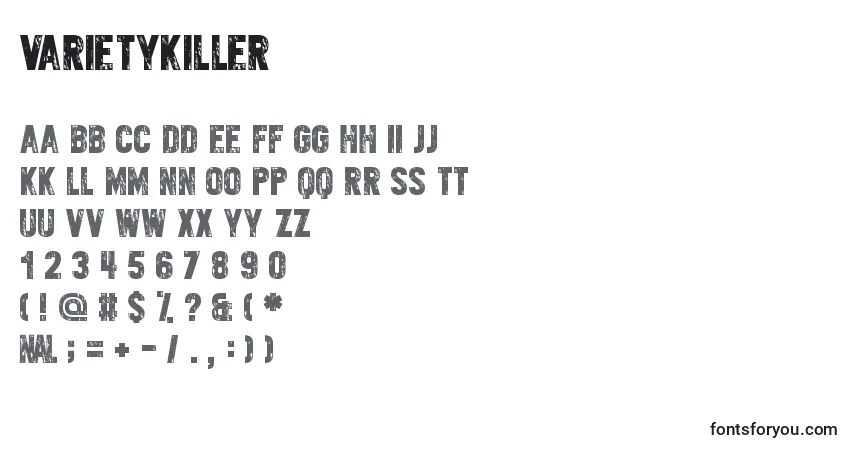 Schriftart Varietykiller – Alphabet, Zahlen, spezielle Symbole