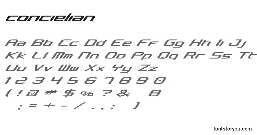 A fonte Concielian (123919) – alfabeto, números, caracteres especiais