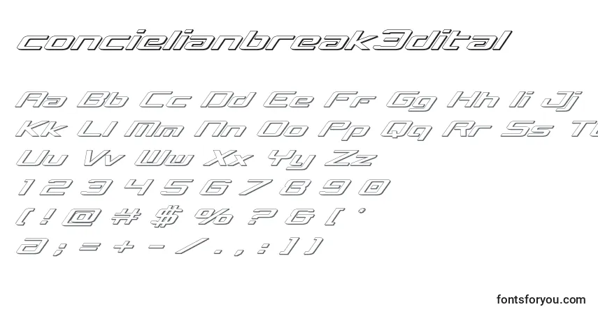 Schriftart Concielianbreak3dital – Alphabet, Zahlen, spezielle Symbole