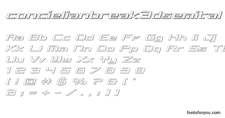 Czcionka Concielianbreak3dsemital – alfabet, cyfry, specjalne znaki