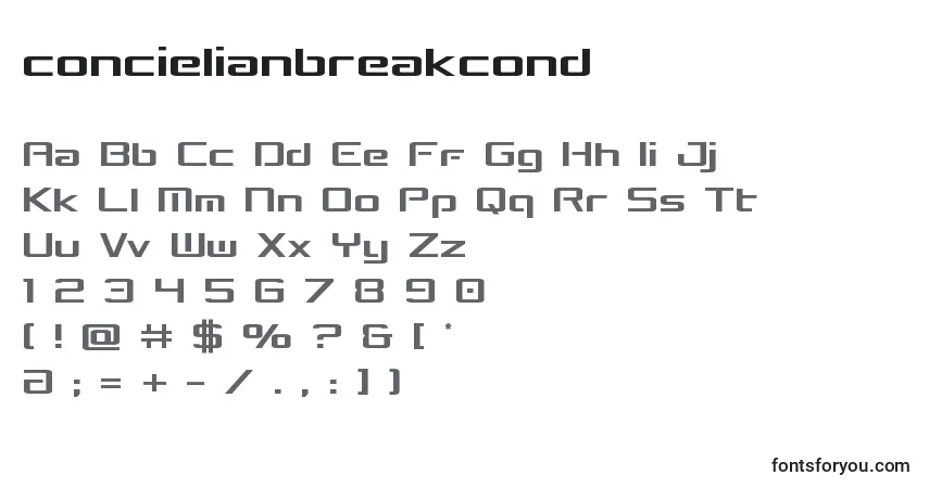 Czcionka Concielianbreakcond – alfabet, cyfry, specjalne znaki