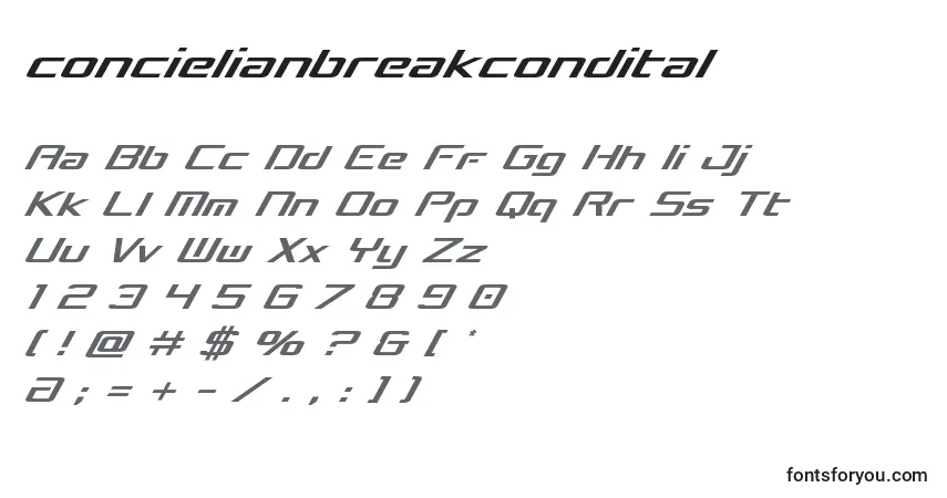 Czcionka Concielianbreakcondital – alfabet, cyfry, specjalne znaki