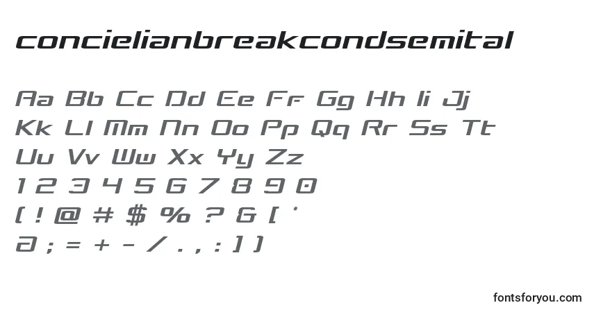 Шрифт Concielianbreakcondsemital – алфавит, цифры, специальные символы