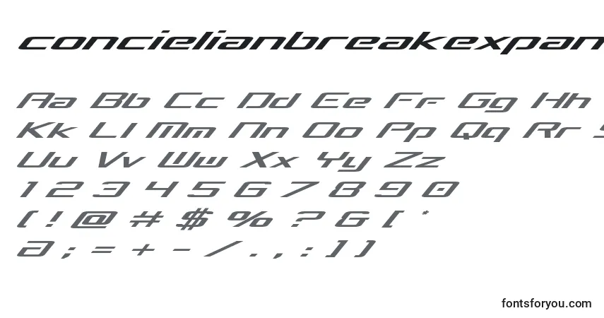 Czcionka Concielianbreakexpandital – alfabet, cyfry, specjalne znaki