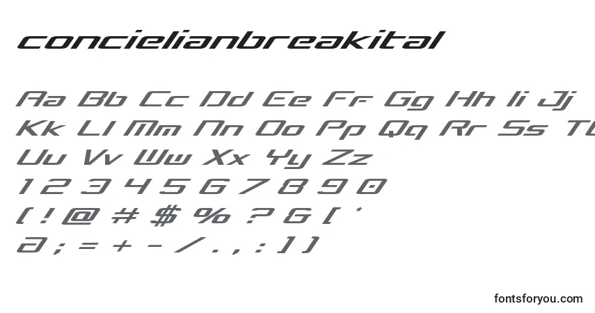 Шрифт Concielianbreakital – алфавит, цифры, специальные символы