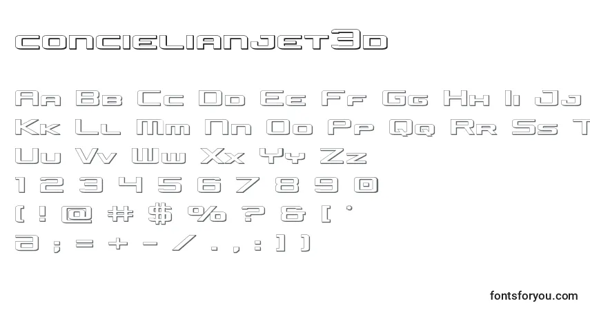 A fonte Concielianjet3d – alfabeto, números, caracteres especiais