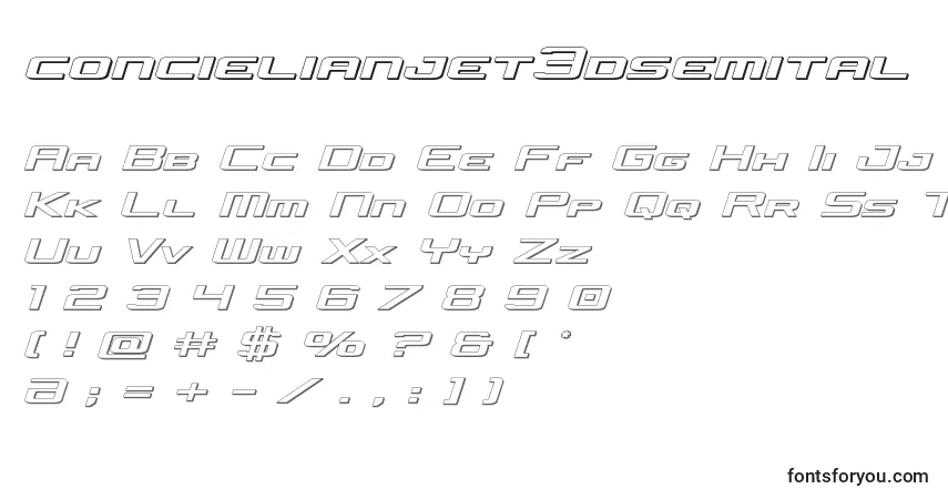 A fonte Concielianjet3dsemital – alfabeto, números, caracteres especiais