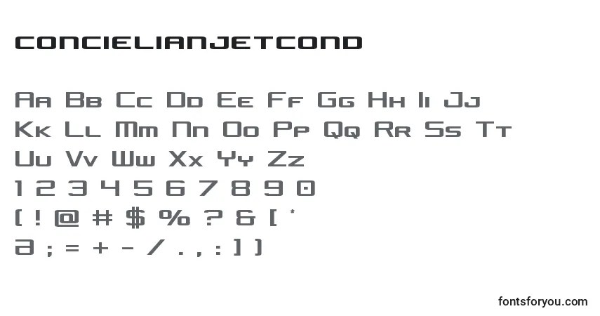 Czcionka Concielianjetcond – alfabet, cyfry, specjalne znaki