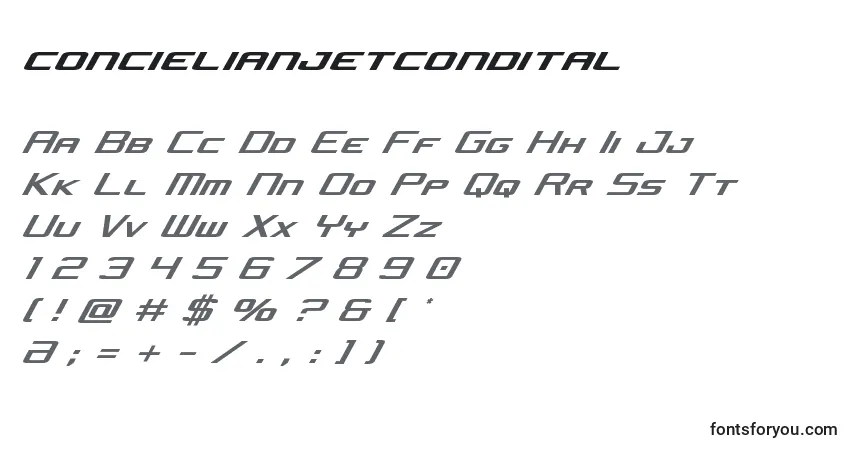 Czcionka Concielianjetcondital – alfabet, cyfry, specjalne znaki