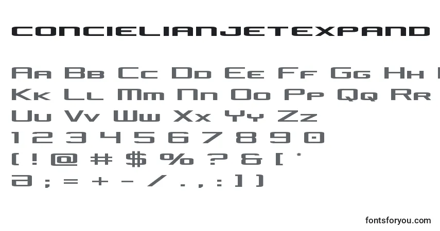 A fonte Concielianjetexpand – alfabeto, números, caracteres especiais