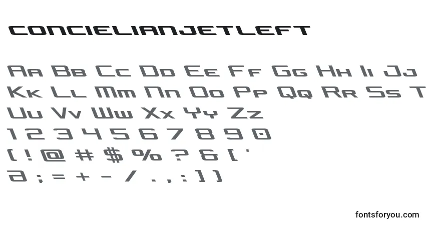 Czcionka Concielianjetleft – alfabet, cyfry, specjalne znaki