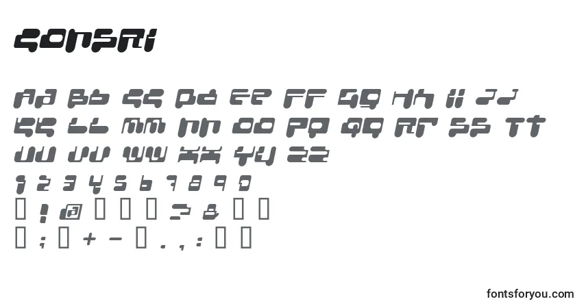 A fonte CONSRI   (123974) – alfabeto, números, caracteres especiais
