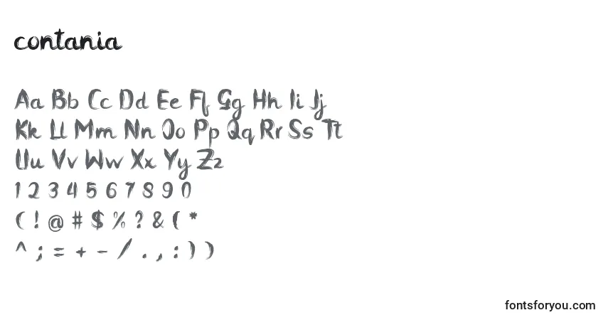 Czcionka Contania – alfabet, cyfry, specjalne znaki