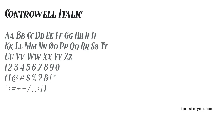 A fonte Controwell Italic (123989) – alfabeto, números, caracteres especiais