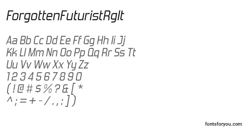 Czcionka ForgottenFuturistRgIt – alfabet, cyfry, specjalne znaki