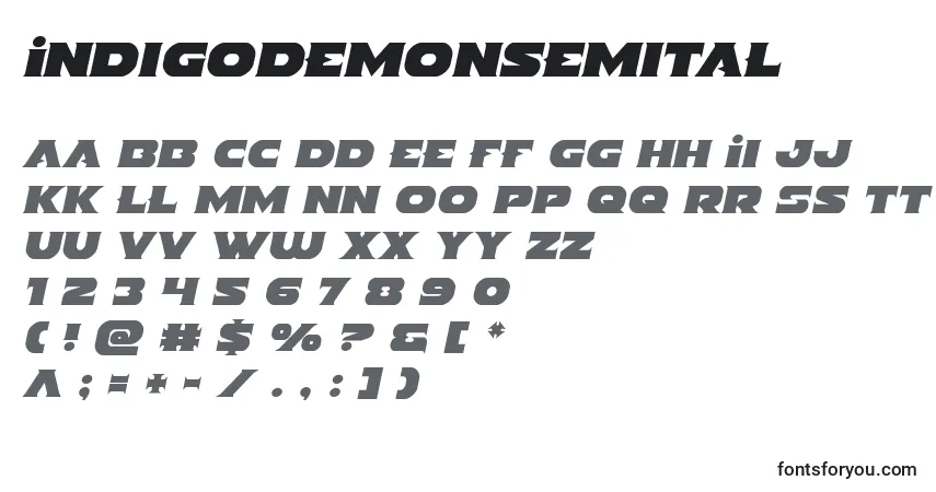 characters of indigodemonsemital font, letter of indigodemonsemital font, alphabet of  indigodemonsemital font