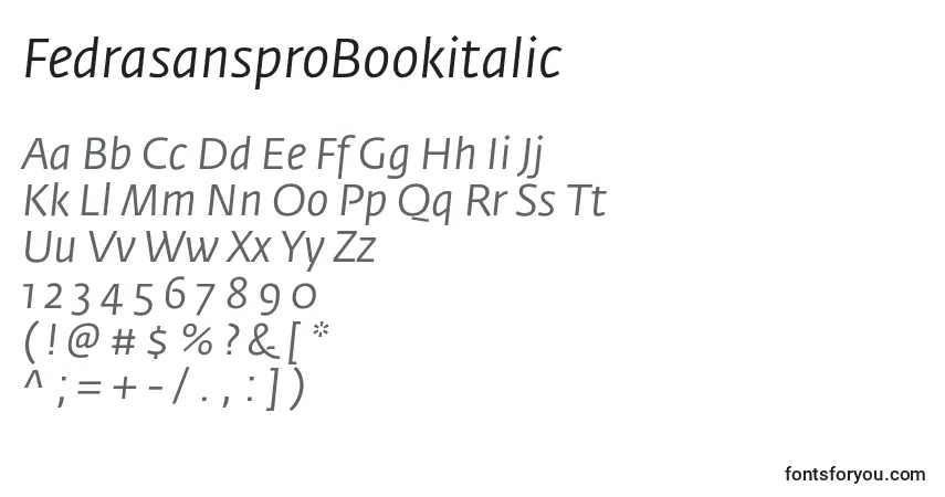 Schriftart FedrasansproBookitalic – Alphabet, Zahlen, spezielle Symbole
