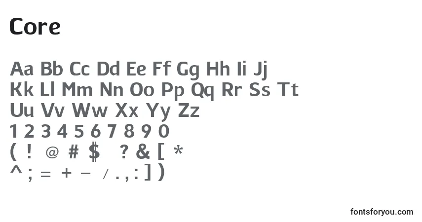 A fonte Core (124025) – alfabeto, números, caracteres especiais