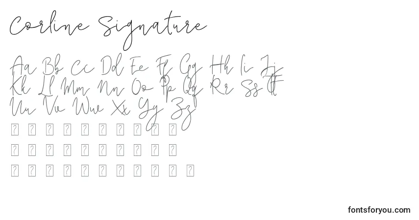 Schriftart Corline Signature – Alphabet, Zahlen, spezielle Symbole