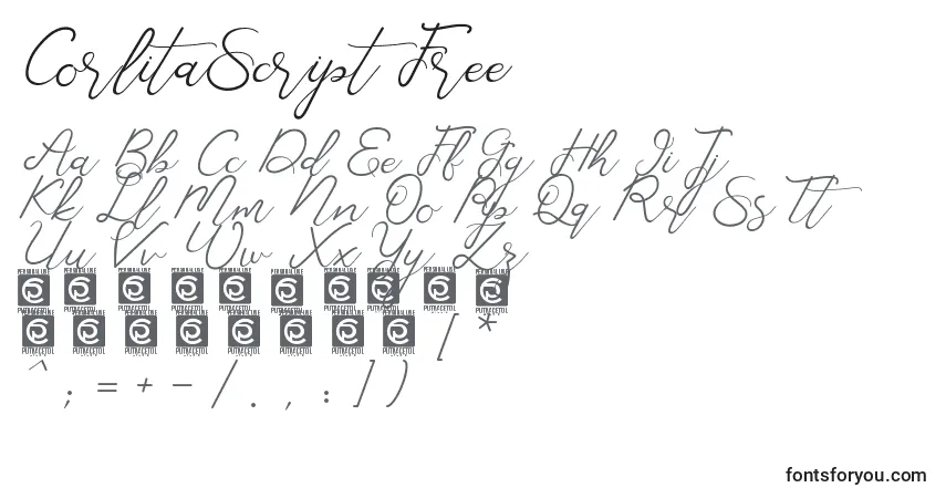 Czcionka CorlitaScript Free – alfabet, cyfry, specjalne znaki