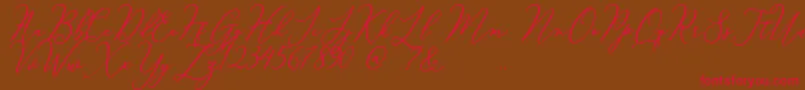 フォントCourtney – 赤い文字が茶色の背景にあります。