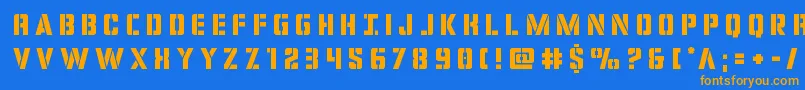 Weitere Informationen zur covertopstitle-Schriftart covertopstitle-Schriftart – Orangefarbene Schriften auf blauem Hintergrund