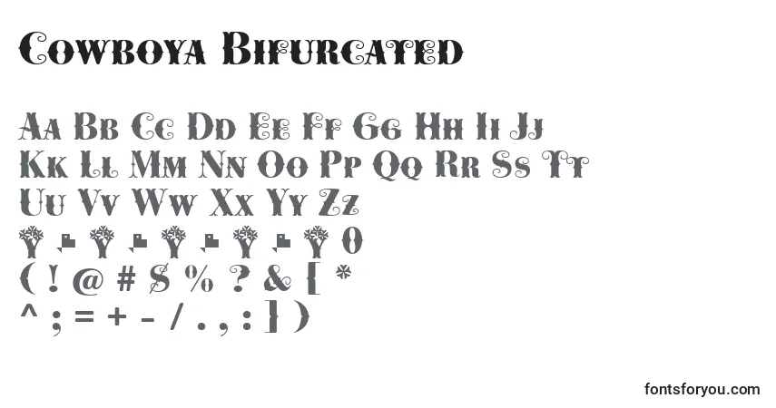 A fonte Cowboya Bifurcated (124090) – alfabeto, números, caracteres especiais
