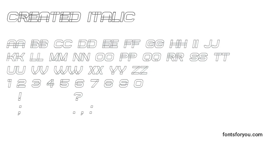 Шрифт Created Italic – алфавит, цифры, специальные символы