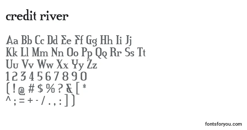 A fonte Credit river – alfabeto, números, caracteres especiais